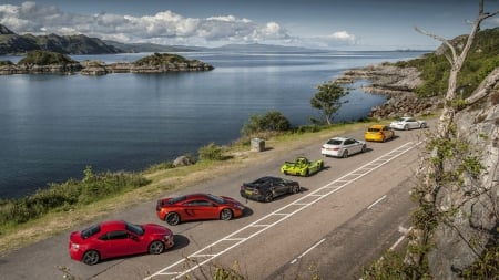 row of super cars at loch ness scotland - cars, nessie, road, lake, performance