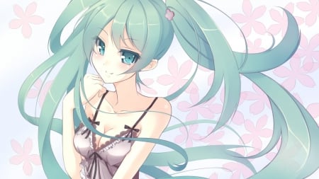 Green Head - nice, female, hot, sundress, twintail, anime girl, pretty, anime, miku, twin tail, maiden, hatsune miku, lady, sexy, girl, twintails, long hair, gown, lovely, hatsune, vocaloids, abstract, green eyes, floral, twin tails, vocaloid, sweet, green hair, dress, flower