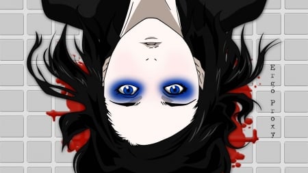 Re-L Mayer - beauty, re l mayer, ergo proxy, female, blue eyes, long hair, blood, anime girl, black hair, cool, dark, beautiful, anime, blush, awesome