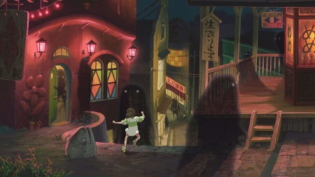 Spirited Away - chihiro, spirits, landscape, night, spirited away, anime girl, hd, ghost, cool, beautiful, anime, awesome, house, lights