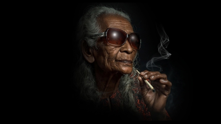 Portrait - cirarette, background, glasses, smoke, old woman