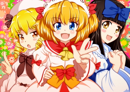 The Three Fairies of Light - bows, star sapphire, blue eyes, luna child, touhou, anime, fairies, sunny milk, friends, blonde