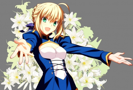 Give Me A Hug!!! - lilies, green eyes, flowers, blue dress, fate stay night, blonde, saber, anime