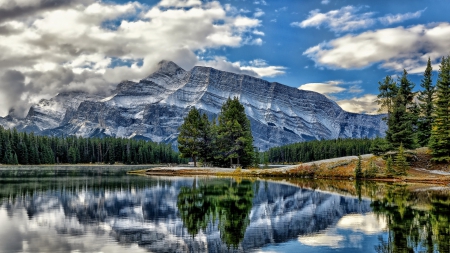 gorgeous mt. rundle reflected in two jack lake canada hdr - lake, forest, reflection, mountain, park, hdr