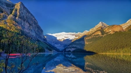 fabulous lake of the little fishes in canada - canoes, lake, reflection, forest, mountains