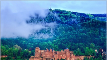 famous heidelberg castle in germany - ruins, mountain, forest, castle, clouds, antenna