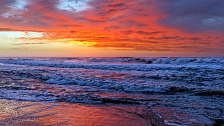 superb seascape sunset hdr - clouds, sunset, beach, hdr, waves, sea, colors