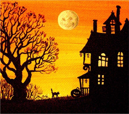 Halloween - moon, silohuette, night, art, cat