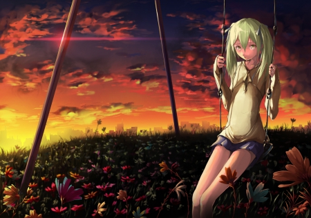 Girl In the Park - pretty, anime, multicolor, yellow, blue, grass, pink, long hair, flowers, purple, red, field, sky, clouds, beautiful, girl, beauty, lovely, orange, sweet, swing, sunset, lady, green, woman, cute, park