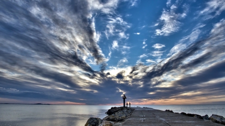 wharf under beautiful sky - sky, people, clouds, sea, wharf