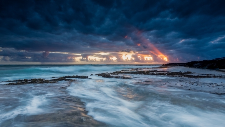 superb sunset off the coast of hawaii - clouds, sunset, shore, sea, waves, sun rays