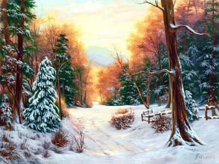 Snow covered morning - calm, quiet, snow, sunrise, forest, mountain, frost, art, covered, trees, winter, beautiful, slope, morning, lovely, glow, ice, frozen, nature, painting, cold, serenity