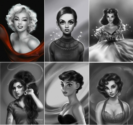Celebs - marilyn monroe, pencil drawings, audrey hepburn, amy winehouse, vivien leigh, fashion, celebrities, films, music, twiggy, elizabeth taylor, black and white, celebs