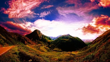 colorful sky over valley road - sky, mountains, road, clouds, valley, colors