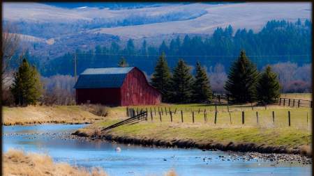 red barn by a lovely river - fields, river, red, mountains, barn