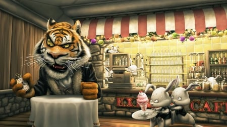 cranky customer - entertainment, rabbit, animals, funny, tiger