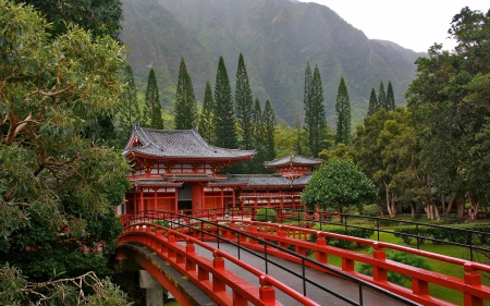 Japanese Park - mountains, house, bridge, trees