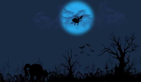 BLUE HALLOWEEN - witch, moon, halloween, sky, cat, night