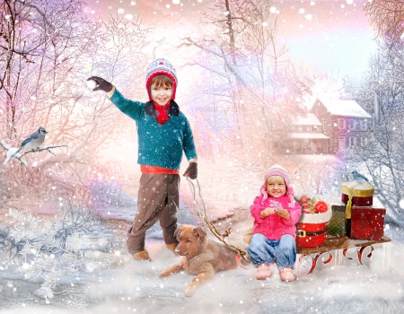 ~Jeux de Neige~ - bird, jeux de neige, gifts, creative pre-made, snow, dog, holidays, photomanipulation, boy, winter, backgrounds, girl, digital art, models, weird things people wear, fantasy, games, snow games