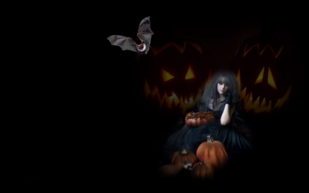 WITCH - halloween, witch, pumpkins, bats, female, orange, black, dress