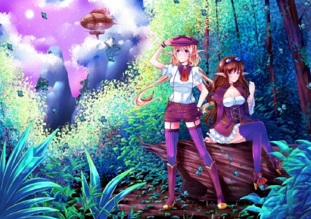 New World - elf, girls, magic, steampunk, orginal, forest, long hair