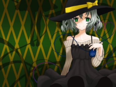 Komeiji Koishi - hat, anime, green eyes, green hair, short hair, touhou, komeiji koishi, black dress, bow