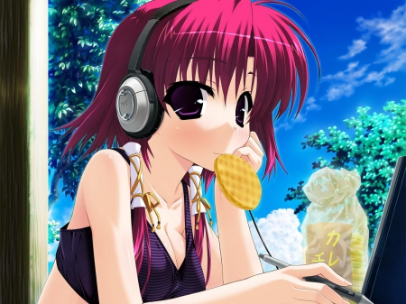 Cookie - pretty, headphone, anime, kawaii, female, food, red hair, eat, yummy, nice, anime girl, hungry, girl, lovely, sweet, redhead, cookies, eating, cute