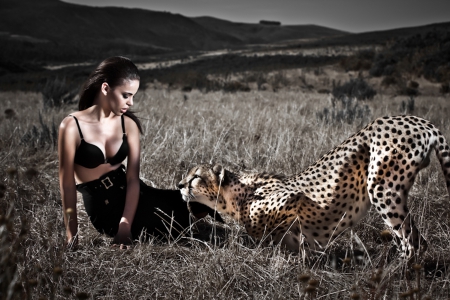 Girl and Cheetah - wallpaper, digital, beauty, model, beautiful, girl, art, serene, fantasy, photography, lovely, female, woman