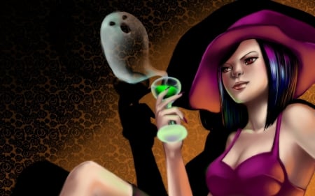 Witch - woman, girl, hat, fantasy, ghost, witch, halloween, poison, pink, green