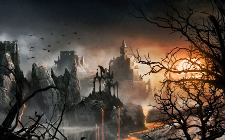 Fantasy world - yellow, Admira Wijaya, orange, dark, black, fantasy, lava, world, halloween, castle