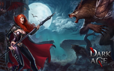 Dark age - woman, moon, redhead, girl, night, vampire, fantasy, dark age, werewolf, halloween, game, red, blue