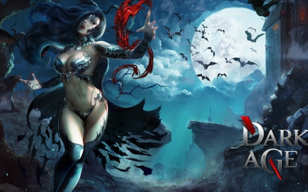 Dark age - moon, bat, blue, girl, night, dark age, vampire, fantasy, red, woman