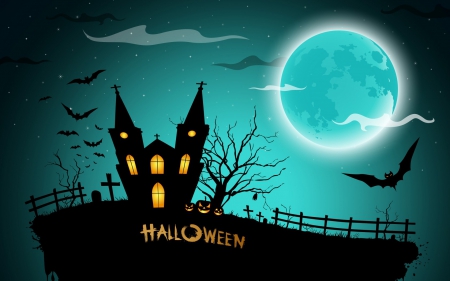 Halloween - moon, halloween, blue, bat, haunted house, black