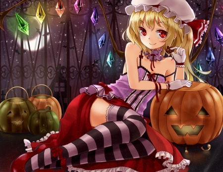 Pumpkin - nice, beauty, female, pumpkin, blond, wings, anime girl, vampire, red eyes, halloween, blond hair, touhou, pretty, blonde hair, sinister, anime, short hair, flandre scarlet, girl, gown, lovely, wing, beautiful, sweet, dress, blonde