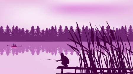 Fishing Off the Dock - trees, reeds, fisherman, fishing, grass, dock, pink, sport, lake, fish