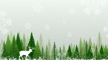 Winter Deer - forest, winter, snowflakes, abstract, deer, christmas, woods, trees, snow, green