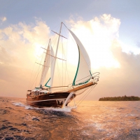 fantastic sailboat sailing around an island
