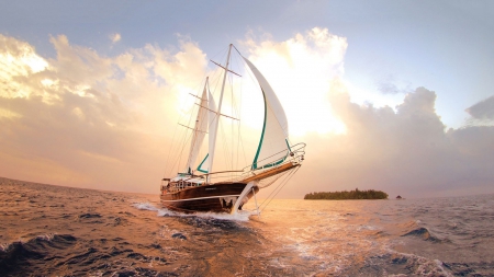 fantastic sailboat sailing around an island - island, clouds, sea, sailboat