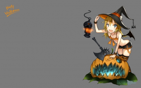 Happy Halloween! - wings, witch hat, witch girl, jack-o lantern, weapon, pumpkin