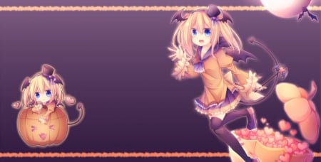 Cute succubus girl - Cute, Wings, Succubus Girl, Blue Eyes, Chibi, Tail, Pumpkin, Hat, Halloween Theme