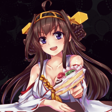 Cake - pretty, anime, anime girl, female, food, girl, lovely, brown hair, long hair, sweet, happy, smile, hd, nice, cake