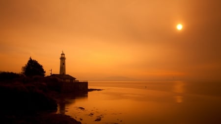 lighthouse within a gorgeous sea and sky - sky, lighthouse, sun, sea, beige, coast