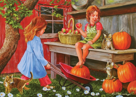 Pumpkin girls - house, fun, pumpkin, joy, happy, girls, holiday, painting, garden, halloween, friends, yard, art