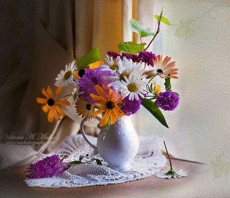 Still life - beauty, photography, still life, white, photographer, art, purple, table, orange, artist, soft, different, vase, abstract, beautiful, flowers, natural