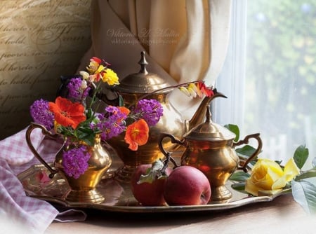 Still life - yellow, window, flowers, purple, platter, red, art, artist, abstract, beautiful, photography, table, beauty, still life, orange, natural, white, photographer, season, arrangement, soft, autumn, rose, apple, day