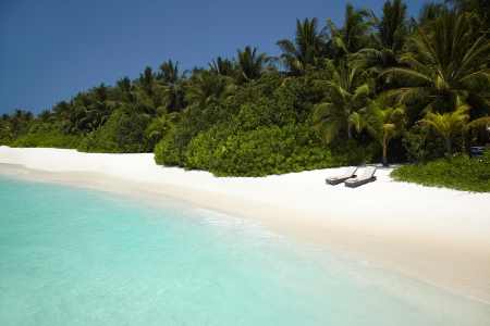 White Sand Beach - relax, lagoon, blue, pacific, beach, island, polynesia, sand, holiday, exotic, paradise, south, luxury, loungers, sea, ocean, islands, white, tropical