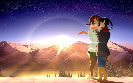 Sunrise - azusa nakano, anime girls, azusa, anime friends, yui, hirasawa, k-on, nakano, anime, yui hirasawa, friends, sunrise