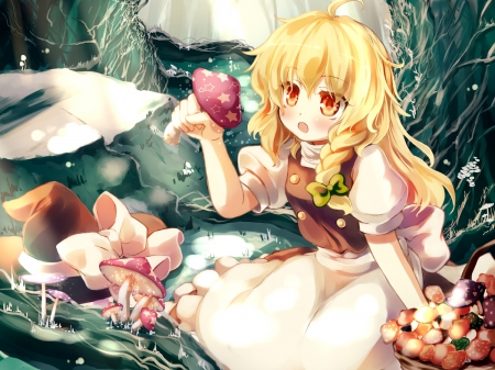 Picking Some Mushrooms - mushrooms, long hair, basket, witch, touhou, forest, anime, kirisame marisa, blonde