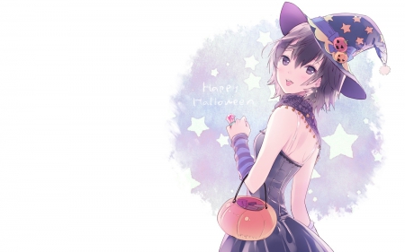 The Pretty Witch - hat, pretty, anime, dress, pumpkin, stars, purple eyes, short hair, witch, scarf, halloween, purple hair