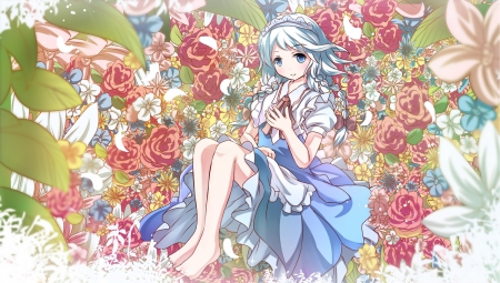 ~Inflorescence~ - anime, beautiful, white hair, flowers, izayoi sakuya, braids, touhou, barefoot, headdress, blue eyes